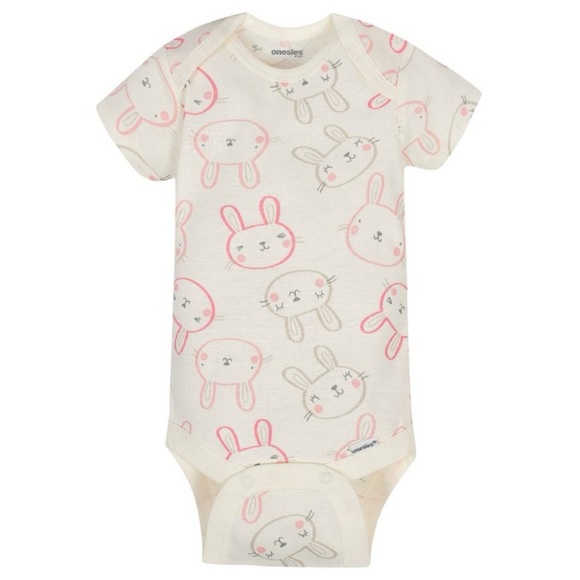 Bunny Faces Short Sleeve Onesie - White and Pink - Picture 1 of 2